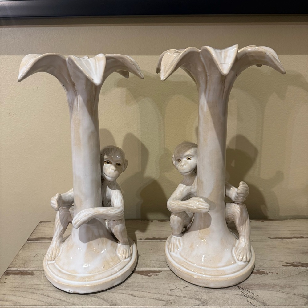 Two Vintage 13" Heavy Majolica Monkey and Palm Tree Candle Holders